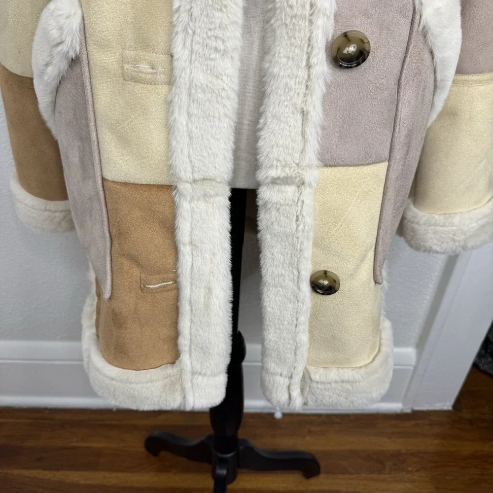 Hollister Faux Shearling Coat Patchwork Tan/ Cream Panels Size XS Women's
